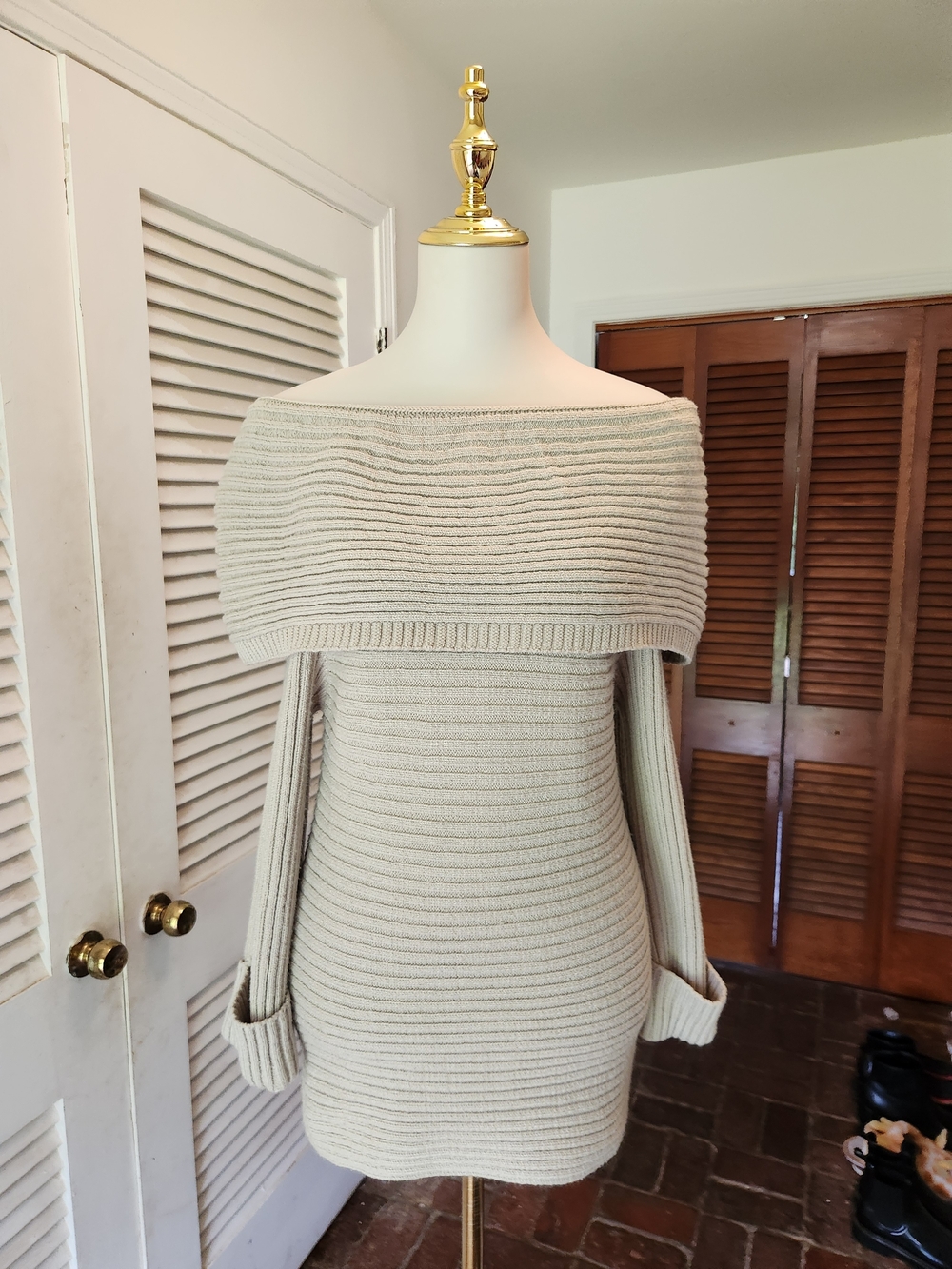 Off-Shoulder Ribbed Knit Sweater Dress - Cream